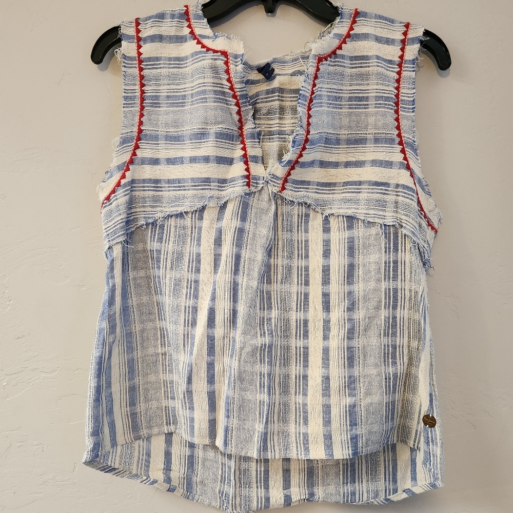 Pepe Jeans Blue and White Striped Sleeveless Top with Red Trim